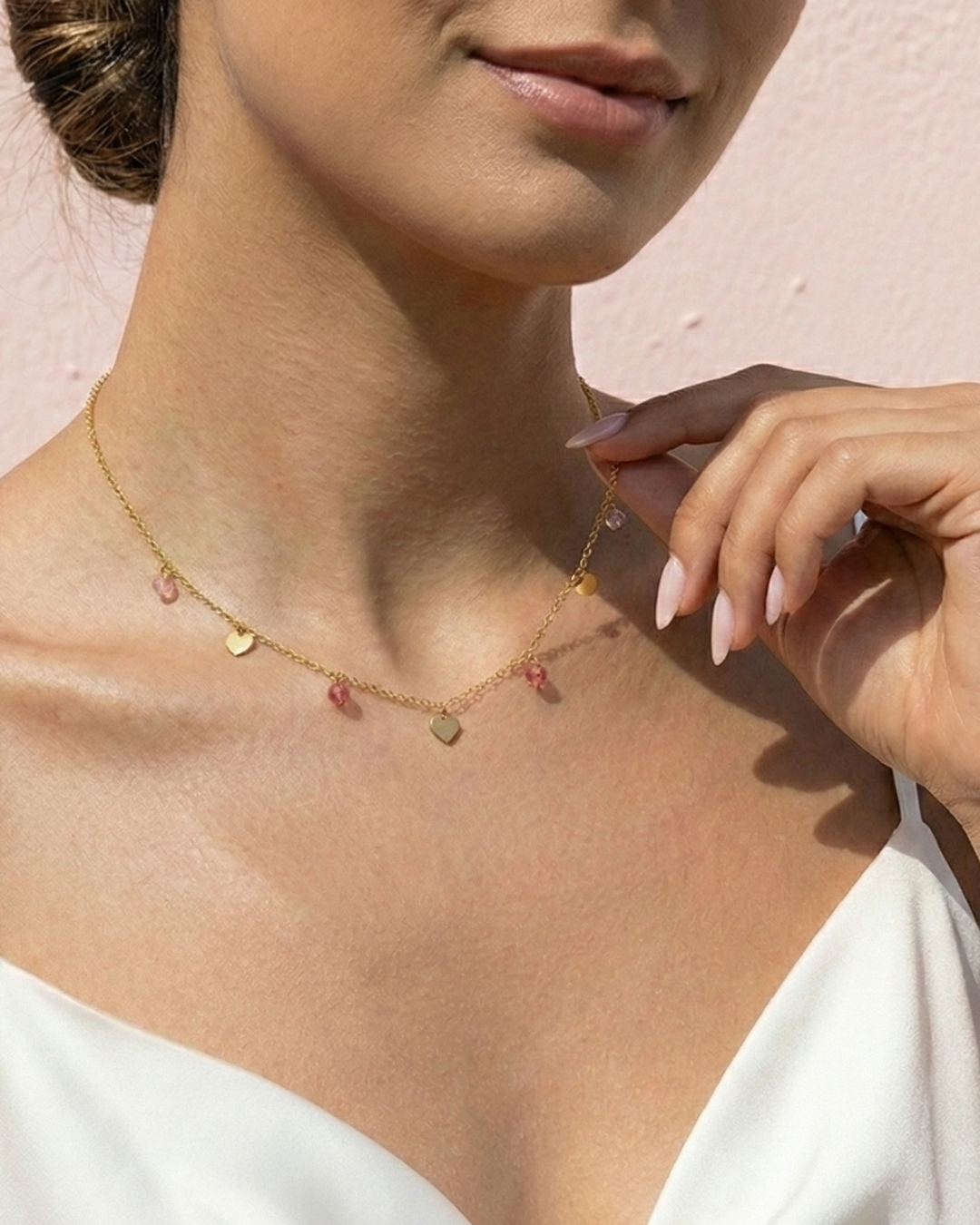 Pink Crystal Heart Charm Necklace