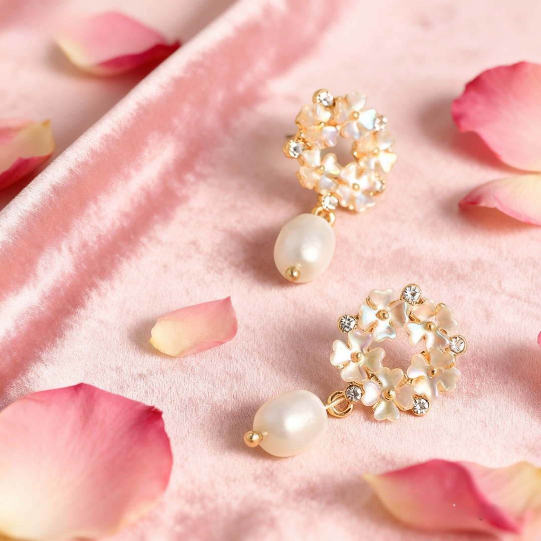 Floral Pearl & Crystal Drop Earrings