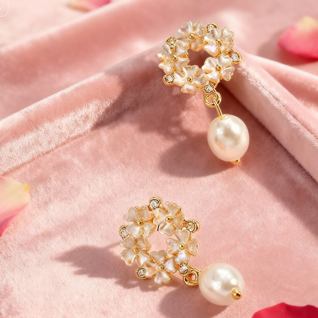 Floral Pearl & Crystal Drop Earrings